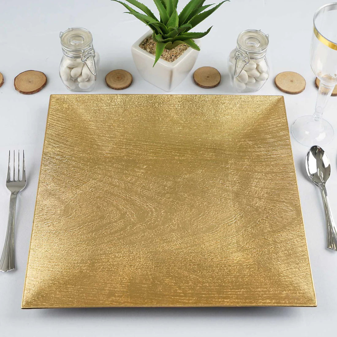 12" Gold Square Wood Grain Acrylic Charger | 6 Pack