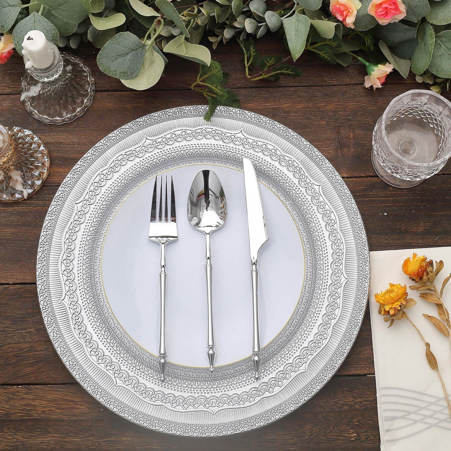 13" Rustic Lace Acrylic Chargers | 6 Pack