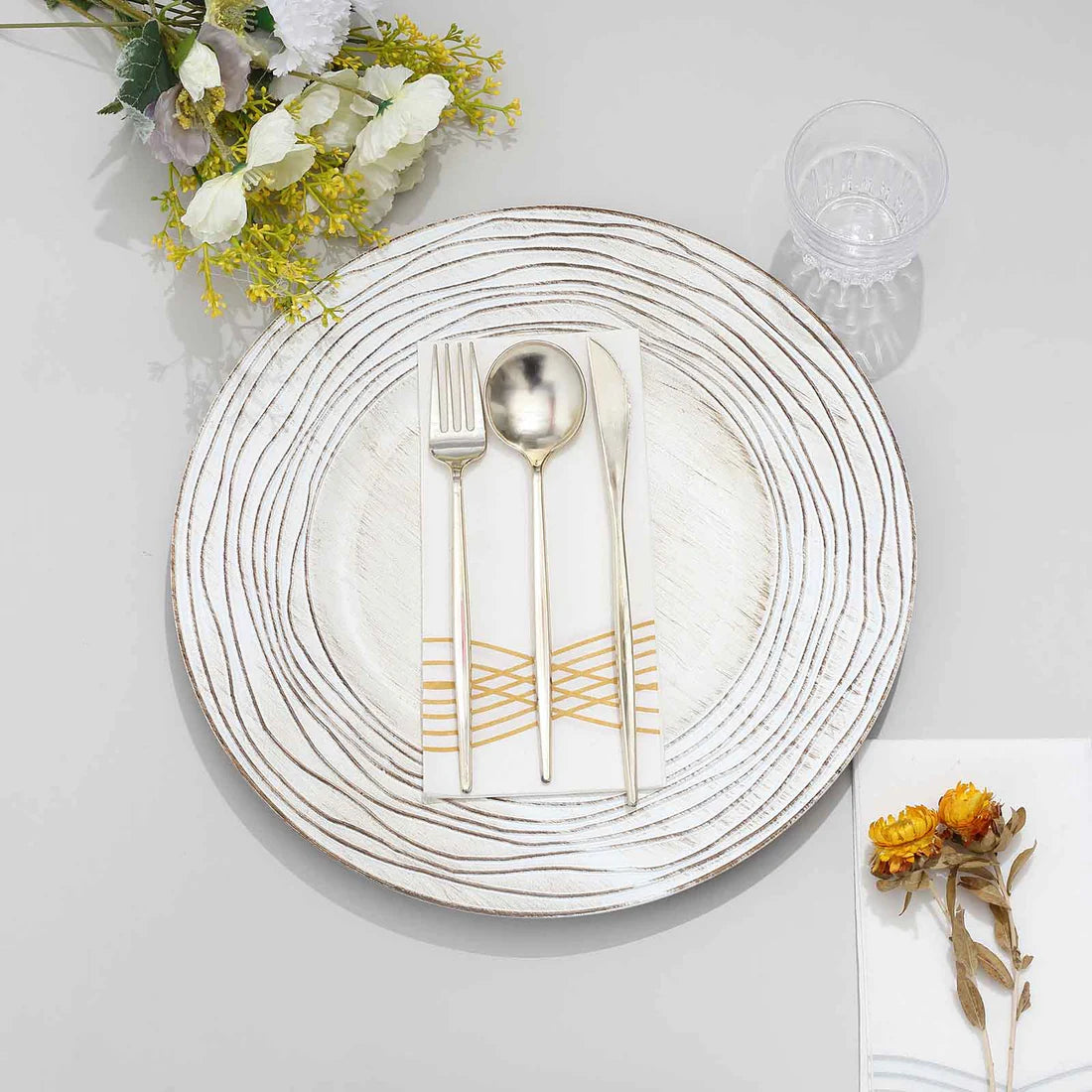 13" Rustic Botanic Wood Texture Chargers | 6 Pack