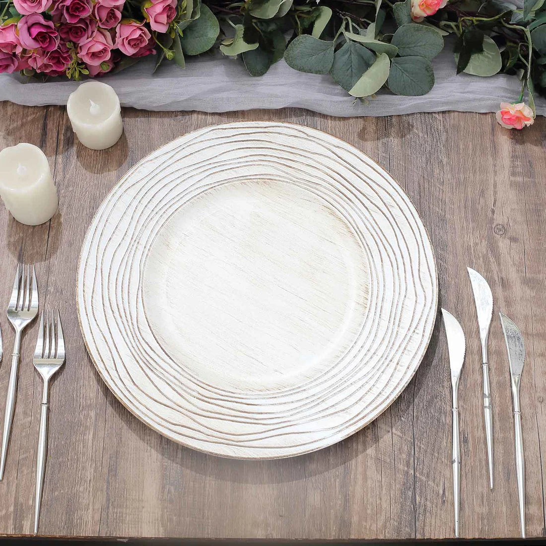 13" Rustic Botanic Wood Texture Chargers | 6 Pack