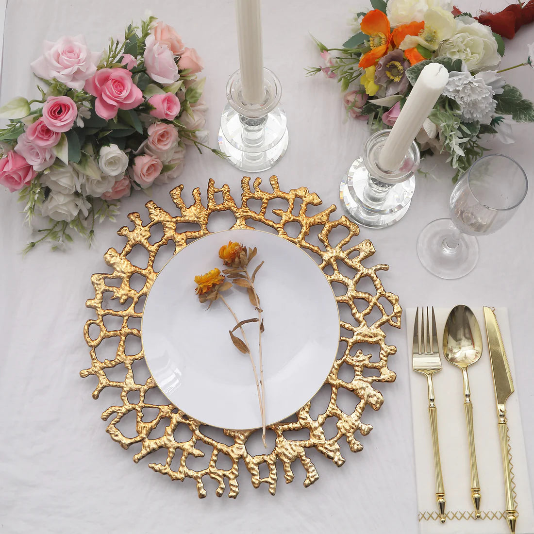 13" Gold Branch Filigree Openwork Acrylic Chargers | 6 Pack