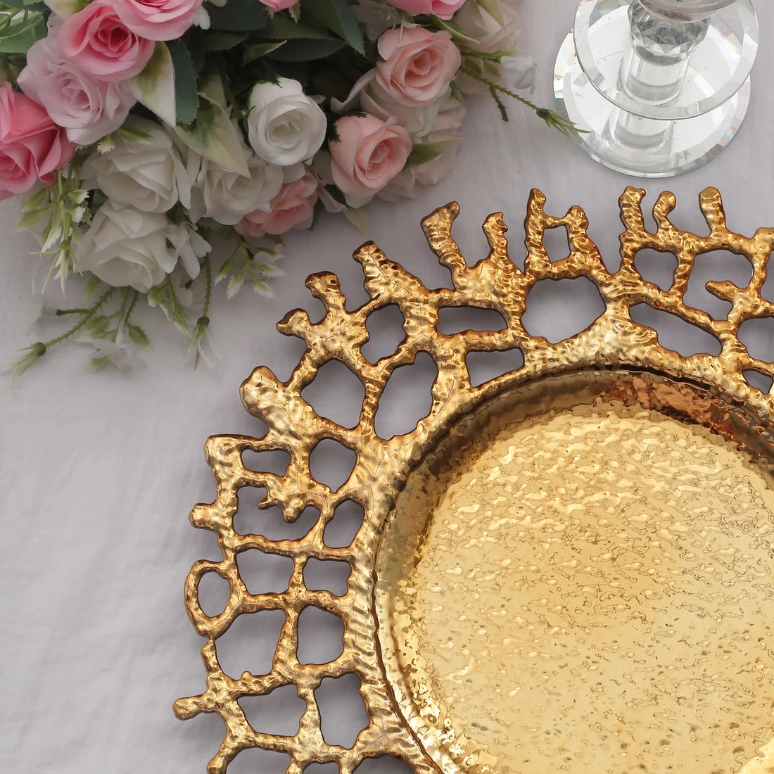 13" Gold Branch Filigree Openwork Acrylic Chargers | 6 Pack