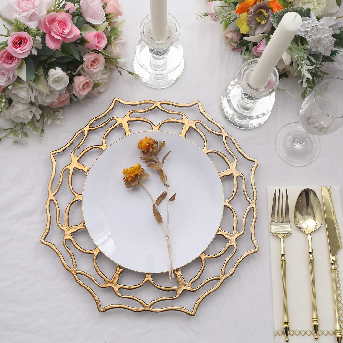 13" Gold Lace Filigree Openwork Acrylic Chargers | 6 Pack