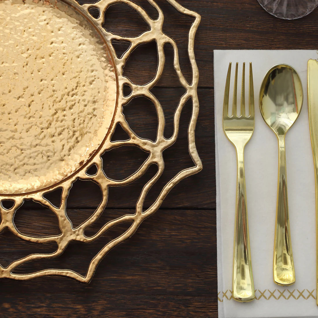 13" Gold Lace Filigree Openwork Acrylic Chargers | 6 Pack