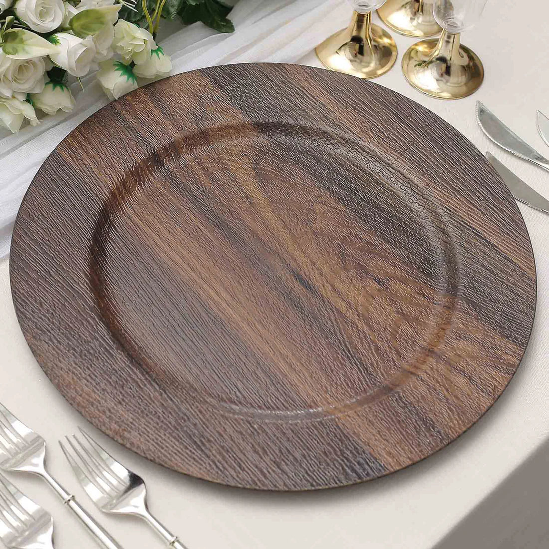 13" Chic Wood Texture Plastic Chargers | 6 Pack