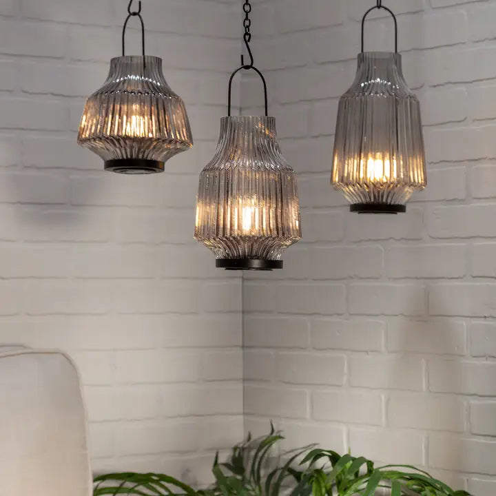 13" Ridged Glass Lantern - Battery Powered