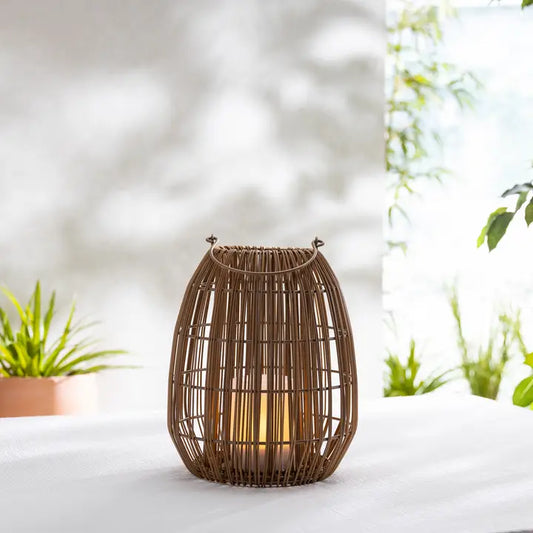 10.87" Woven Rattan Lantern - Solar Powered