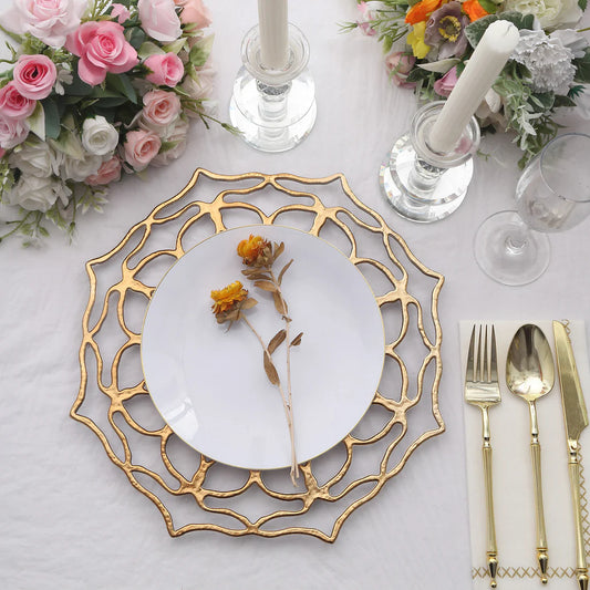 13" Gold Lace Filigree Openwork Acrylic Chargers | 6 Pack