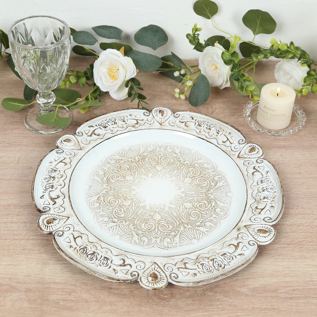 13" Rustic Wood Floral Acrylic Chargers | 6 Pack