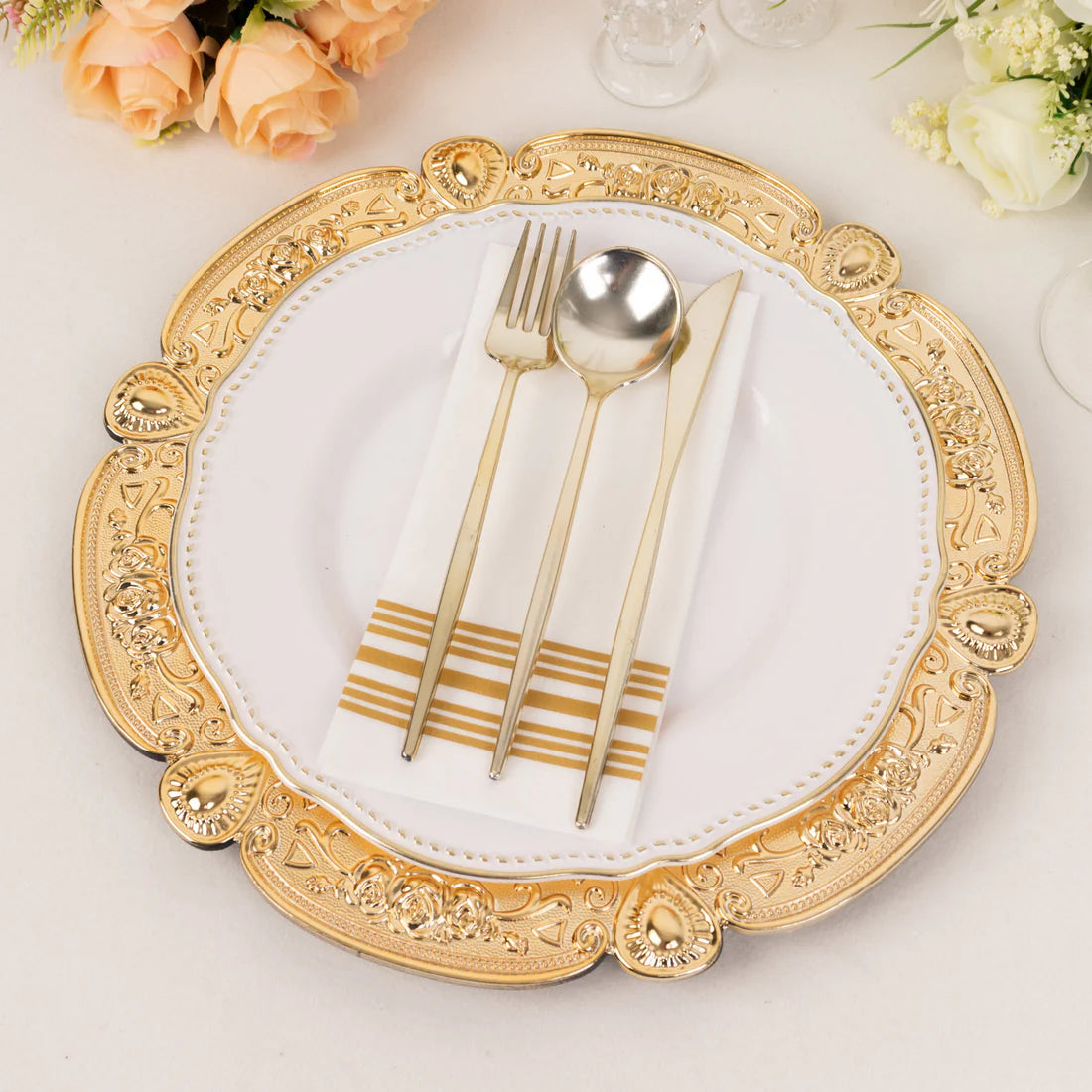 13" Fine Metallic Floral Acrylic Chargers | 6 Pack