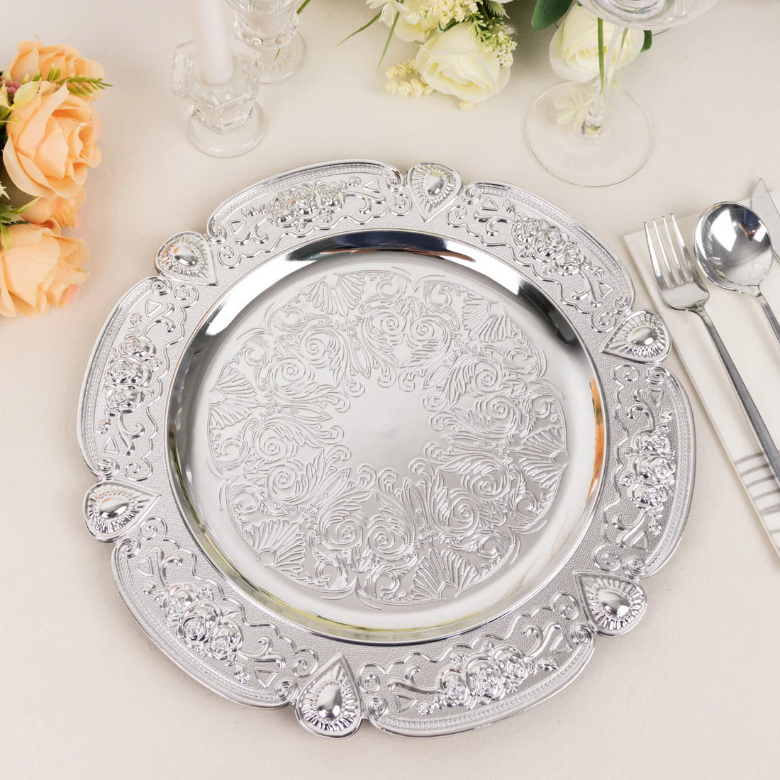 13" Fine Metallic Floral Acrylic Chargers | 6 Pack